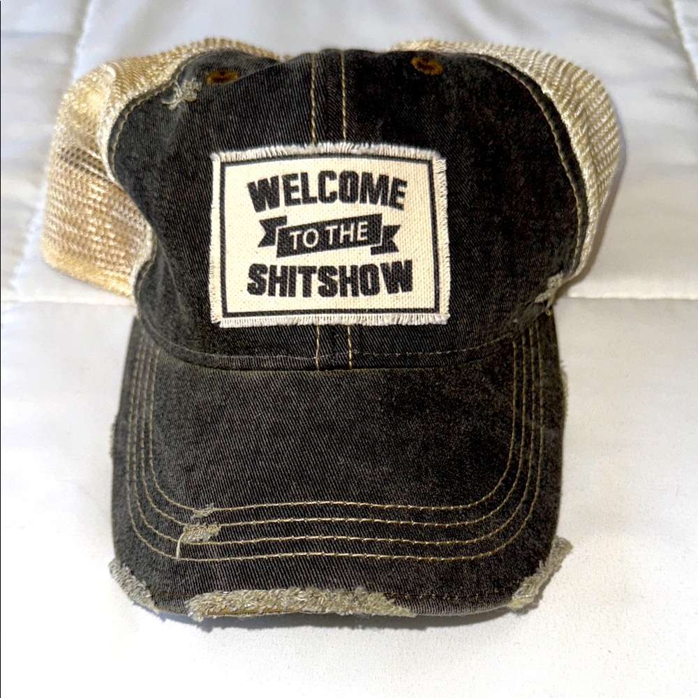 New- HEADMOST Distressed Black and Tan Cap. “ welcome to the shit show”